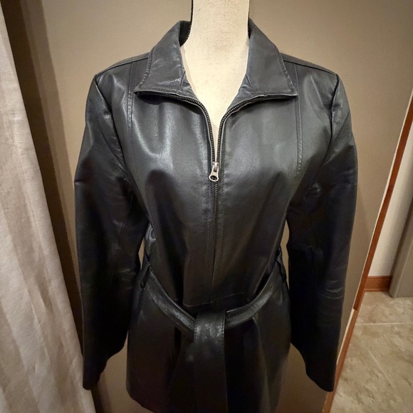 Jackets & Blazers - Croft & Barrow Women's Black Leather Jacket, Quilted Lining, Belt, Size Large